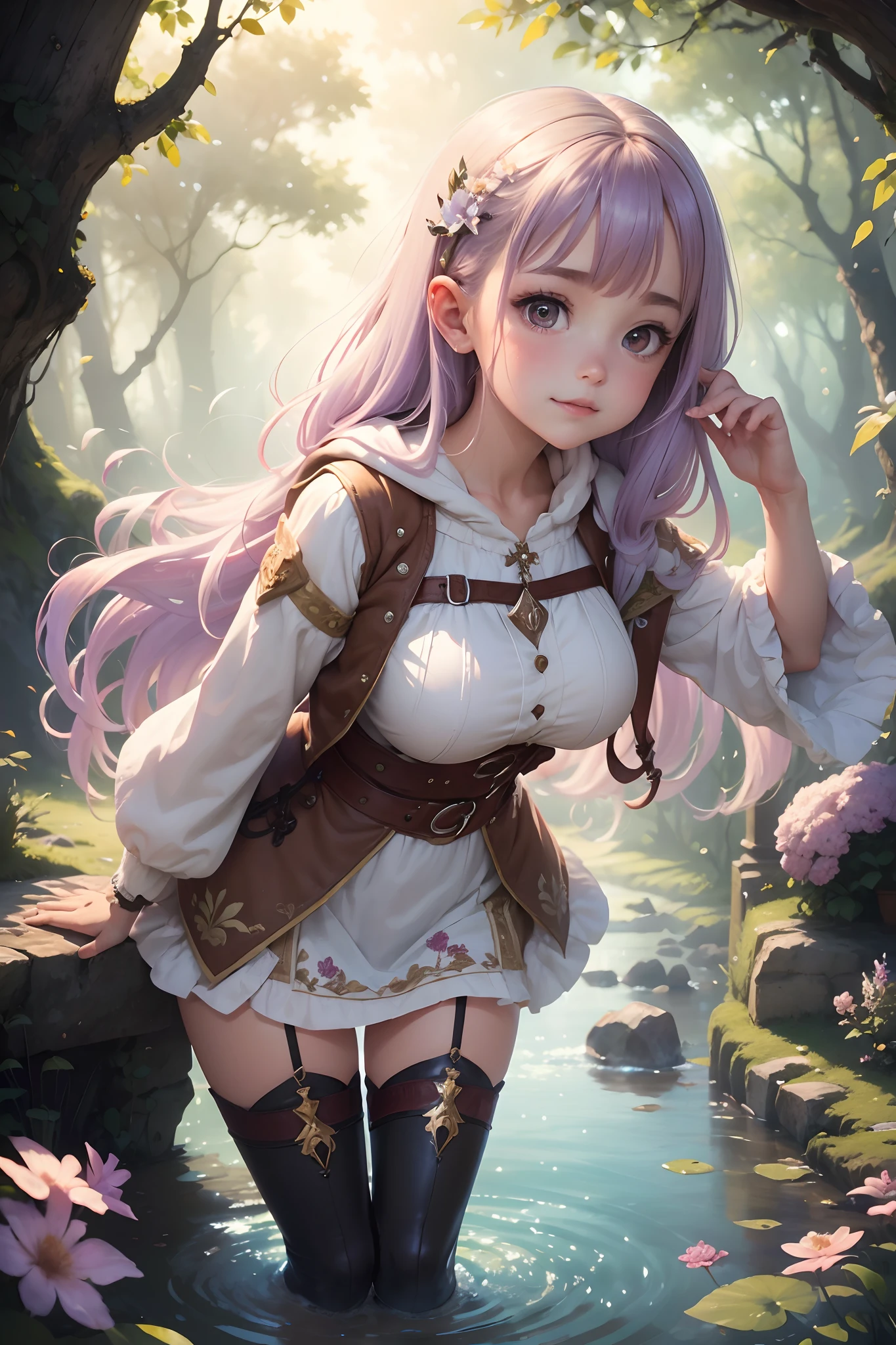 Best quality, (Masterpiece:1.2), illustration, absurderes, (1girll, Solo), (Beautiful detailed girl),, Aeolia, Lilac hair, long whitr hair, cheerfulness, cheerful big breasts, shift dresses, coat large, (fantasy:1.1) (medieval:1.1) Outfit,, White shirt, brown shorts, Fleece-lined boots, Brown boots,, a magical forest, Flowers, Fairy ring, Lake, sky, Clouds