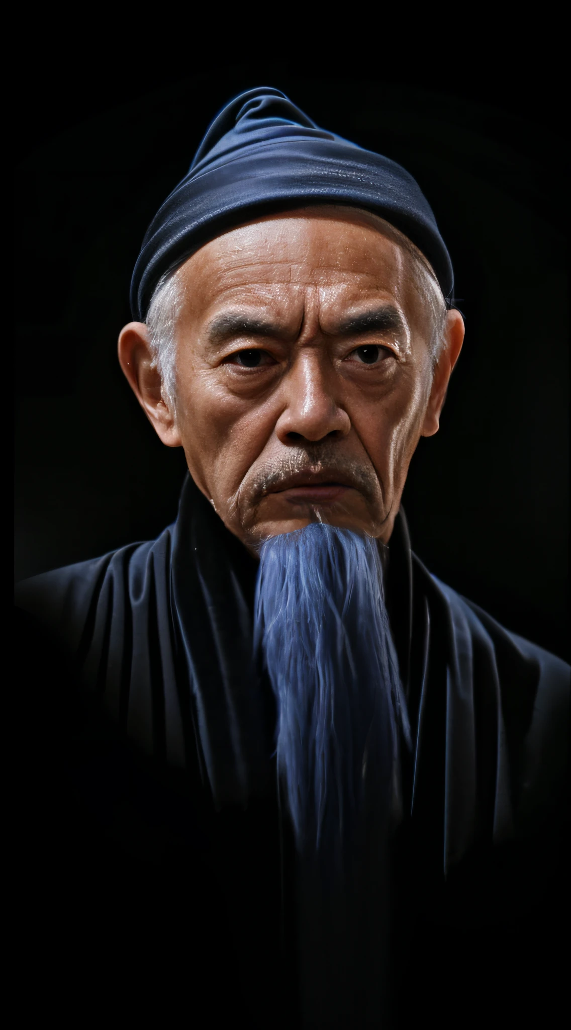 An old man，clad in robes，Face to the camera，The expression is serious，with black background。