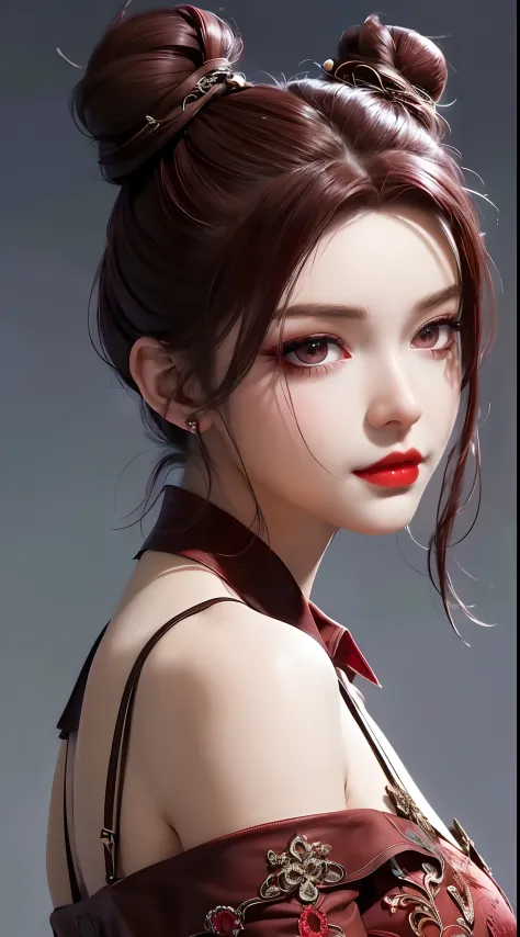 1 beautiful and sexy 20 year old girl,((Red brown hair:1.6)), ((hair bun on both sides:1.6))(hyperrealistic) , (illustration), (increase resolution), (8K), (extremely detailed), (best illustration), (beautiful detailed eyes), (best quality), (super detaile...