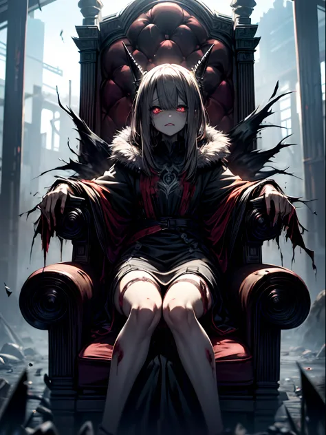Ahegao、A dark-haired、blunt bangs、sitting in a throne、Black Dress、Very fellow humanoid characters, red eyes, She's crazy, nutty, horor, is scared, is scared, Shock value, Very diabolical, evocation, terrorism, terrorism, terrorism, rot, feeling of disgust, ...
