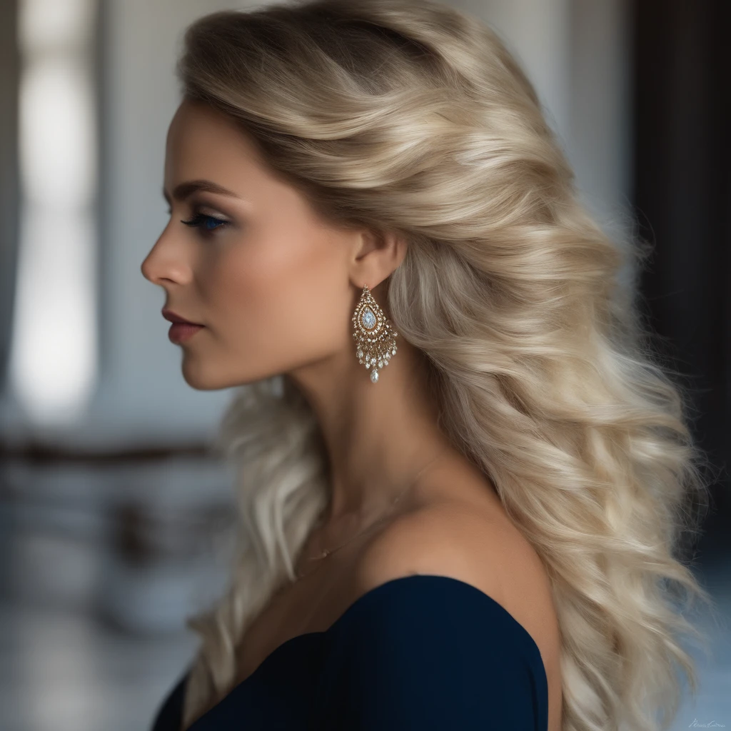 A woman with long blonde hair wearing a blue dress and earrings - SeaArt AI