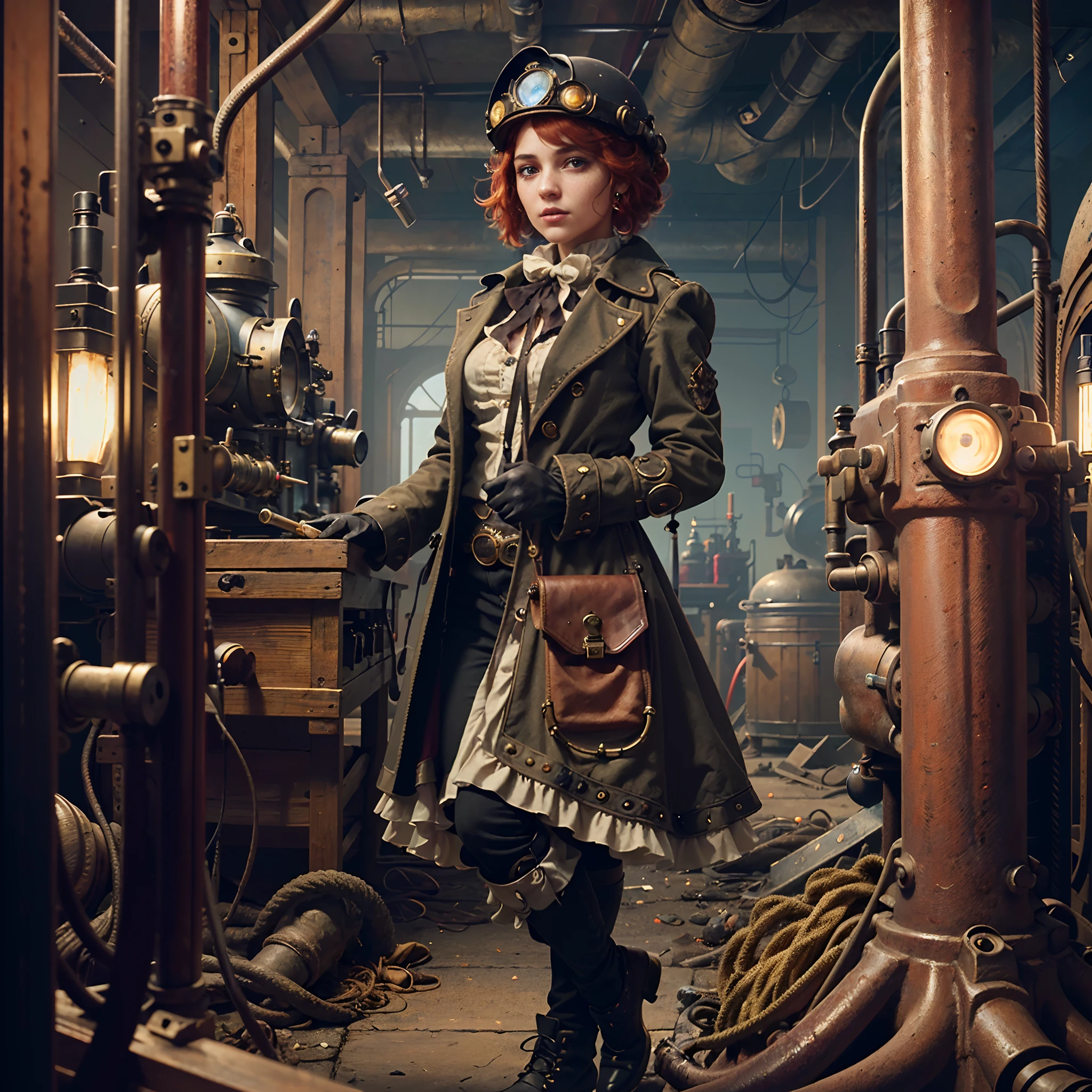 (8k, RAW photo, highest quality), beautiful girl using tools next to a desk, in a factory,  water pipe, water tank, 18 century,  red head, steampunk aviary helmet ,avairy coat, (detailed eyes:0.8), (looking at the camera:1.4), (highest quality), (best shadow), intricate details, interior, dark studio, muted colors,  (steam punk),