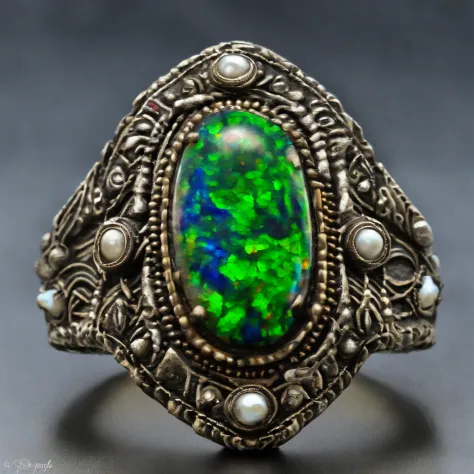 art-deco, Cubist futurism, hyper HD, Masterpiece, Award-Awarded, Super detail, Best quality，[Close-up of an oval ring of an opal]
The ring is made of conglomerate opal,Set with blue and green gemstones,Covered with platinum，pearls,jewely, vivid and detaile...