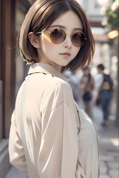 (((light-colored sunglasses:1.2、Round Small Lens Sunglasses)))、Beautiful eyes、Uniform beautiful face、small nose、Short Bob、printe...