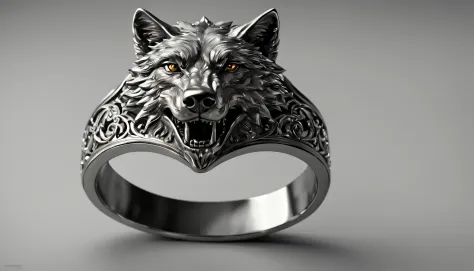 a close-up of a metal ring with a wolf, highly detailed rendering, crown rendering, metal ring, shiny surface, engraved pattern, silver color, reflective, high resolution, detailed and delicate craftsmanship, jewelry, high detail cinema 4 d, cinema4d rende...