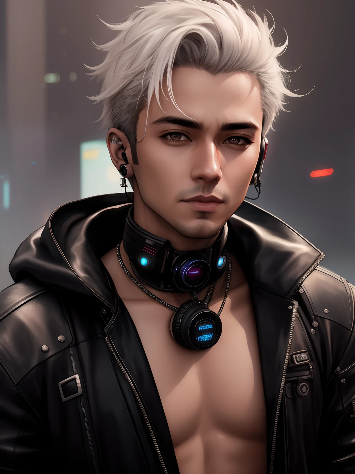 arafed man with a leather jacket and headphones on, hyper-realistic cyberpunk style, portrait of a cyberpunk man, artstation mans aesthetic, cyberpunk dude, cyberpunk style ， hyperrealistic, ross tran style, in cyberpunk style, artwork in the style of guweiz, anton fadeev 8 k, cyber punk setting, ross tran 8 k, cyberpunk character