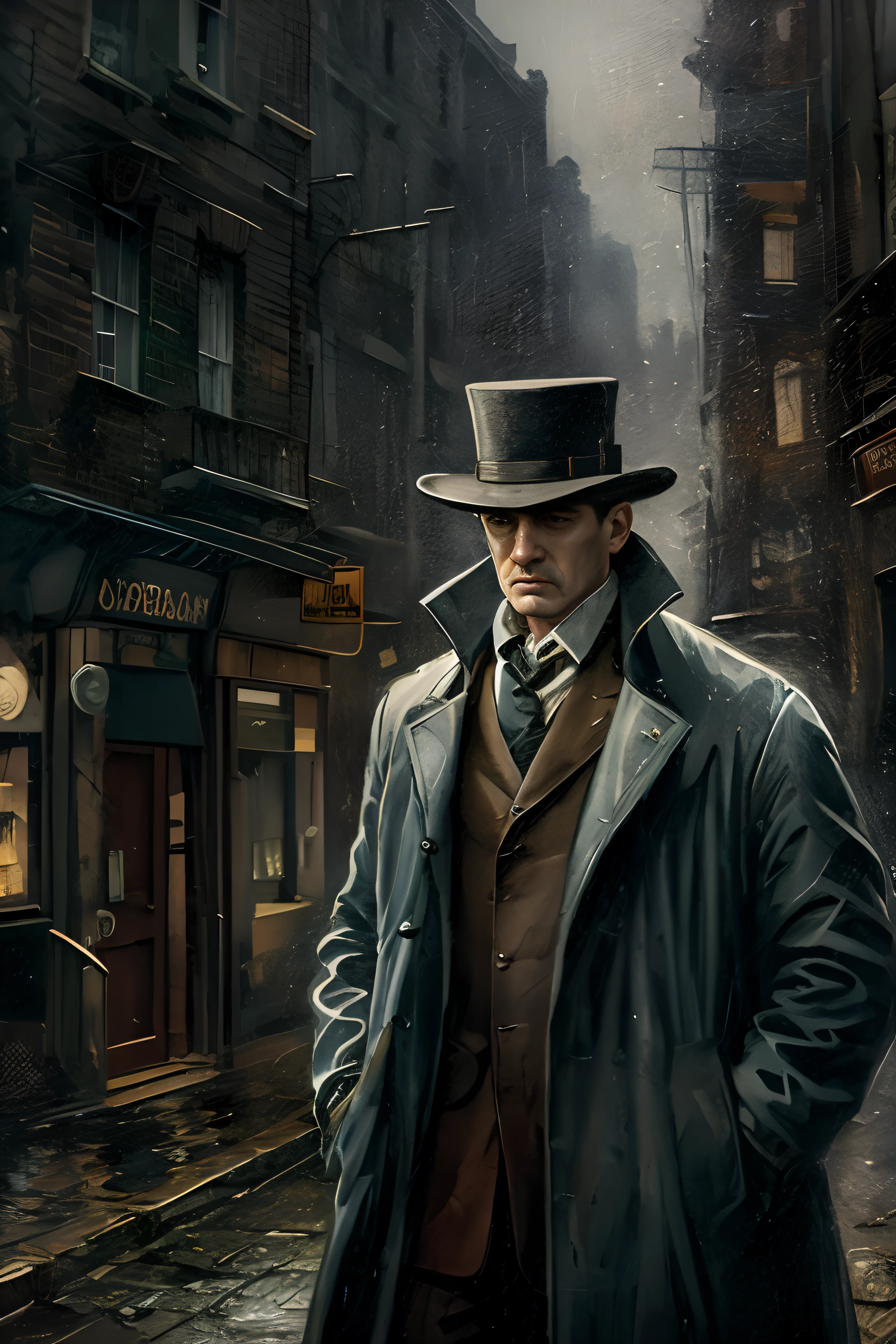 Gustavdor painting style，Detective wears（wind coat：1.1）And realistic illustration of hat，At night in the city of Victorian London，epic lighting，cinmatic lighting，A high resolution，（detailled image：1），insanely details，（highly  detailed：1.2），Mafia in the 1920s, windbreaker and top hat, realistic oil painting style, printmaking style, heavy fog and rainstorm, dilapidated town, street lights, narrow roads, stretching forward, suffocating, horror style, suspense style, detective novel style, Mafia style, mysterious, deep, dark, fantasy