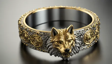 a close-up of a golden metal ring with a wolf, highly detailed rendering, crown rendering, metal ring, shiny surface, engraved pattern, silver color, reflective, high resolution, detailed and delicate craftsmanship, jewelry, high-detail cinema 4 d, cinema4...