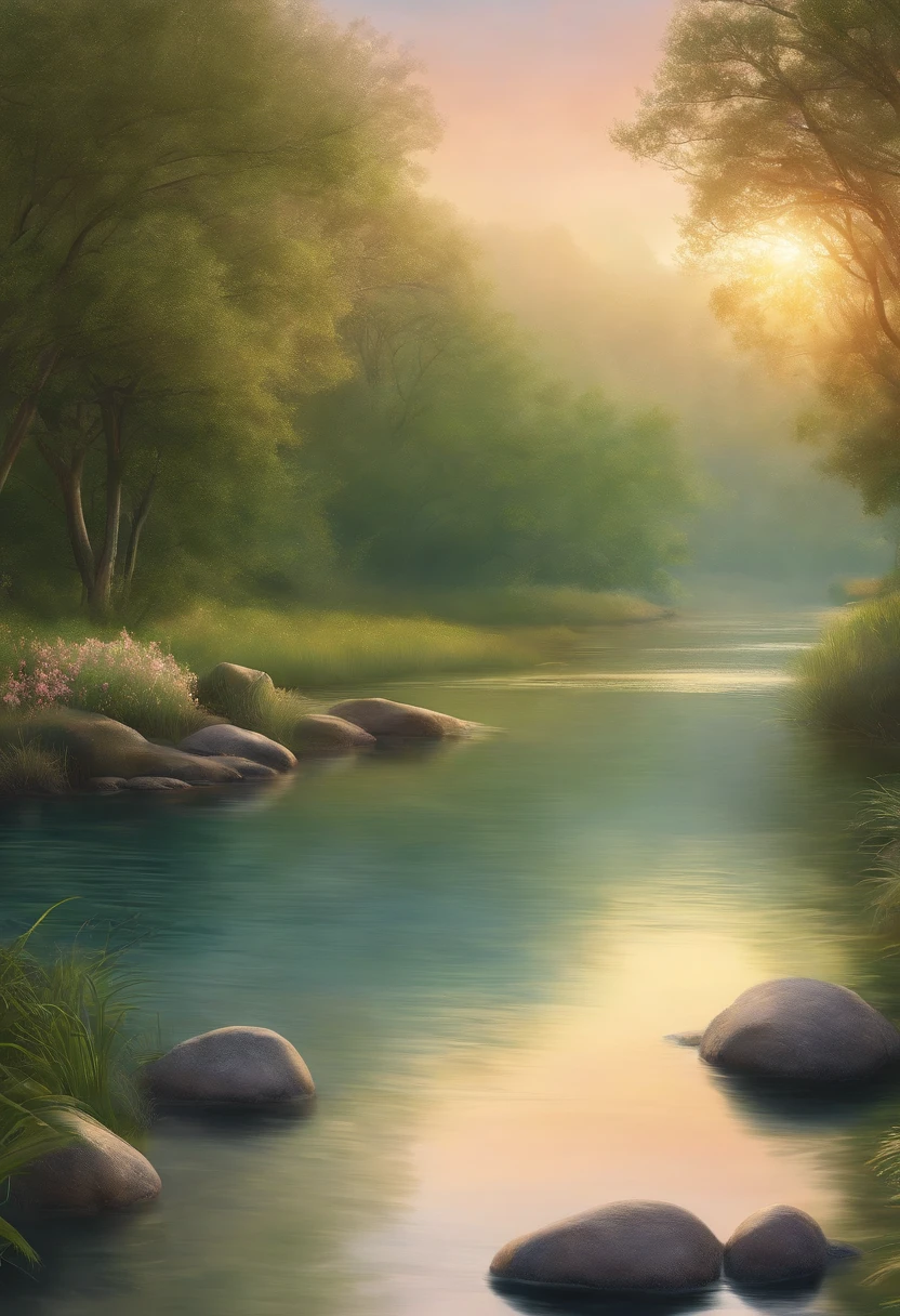 Painting of a river with rocks and trees in the background - SeaArt AI