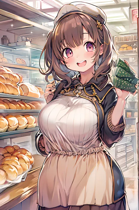 女の子1人、huge-breasted、kawaii、bbw、thick thight、big butts、Ultramammy,ＴThe shirt、pleatedskirt、Bakery、Baker、Bread lining、A big smile