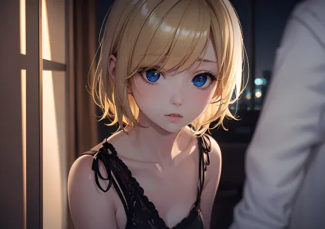 Short blonde hair，the night，pureloli，deep shading，cold light，low tune，in the darkness nigth，RAW photogr，best qualtiy，tmasterpiece，Ultra-high resolution，Realistic1.5