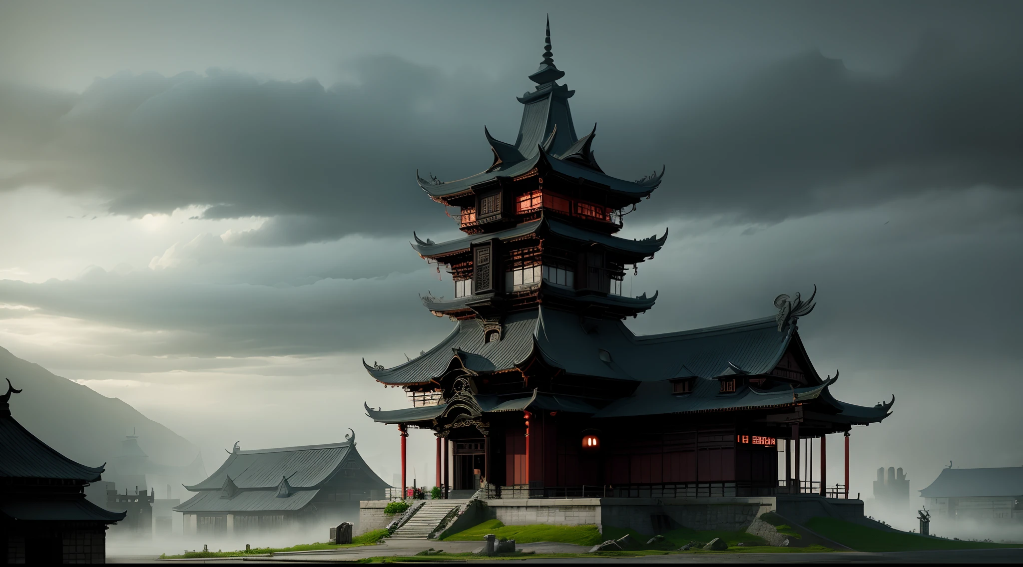 médiéval, Bâtiment chinois, sombre. sombre, sombre clouds, brume dense