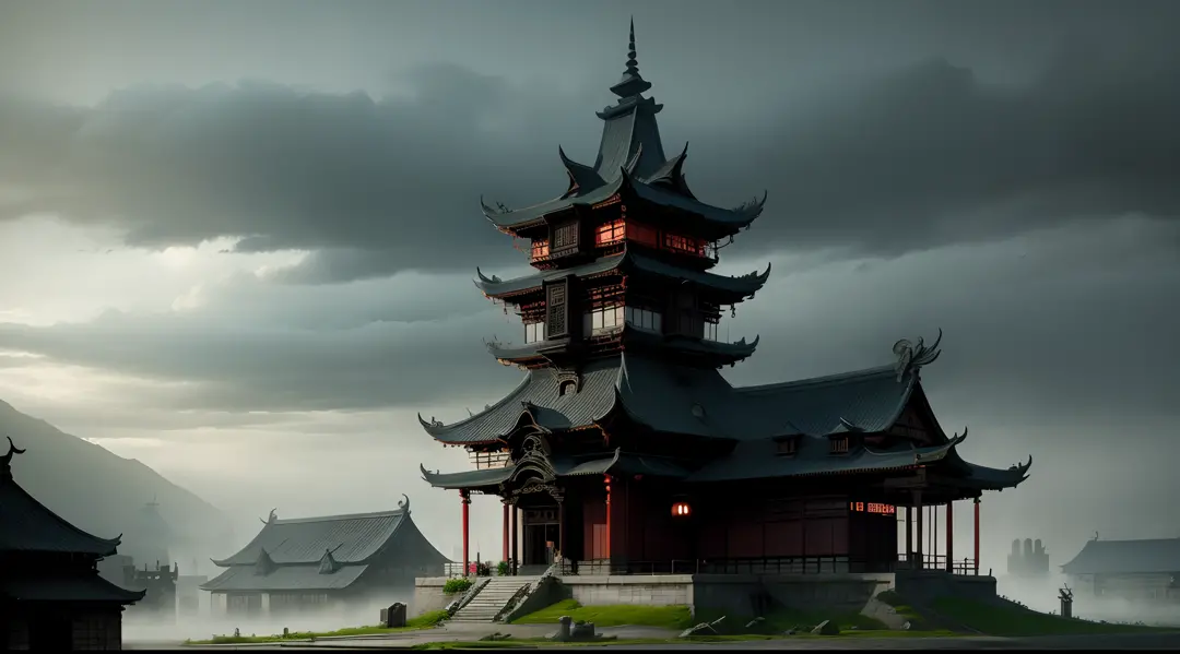 Medieval, chinese building, dark. Gloomy, dark clouds, dense mist
