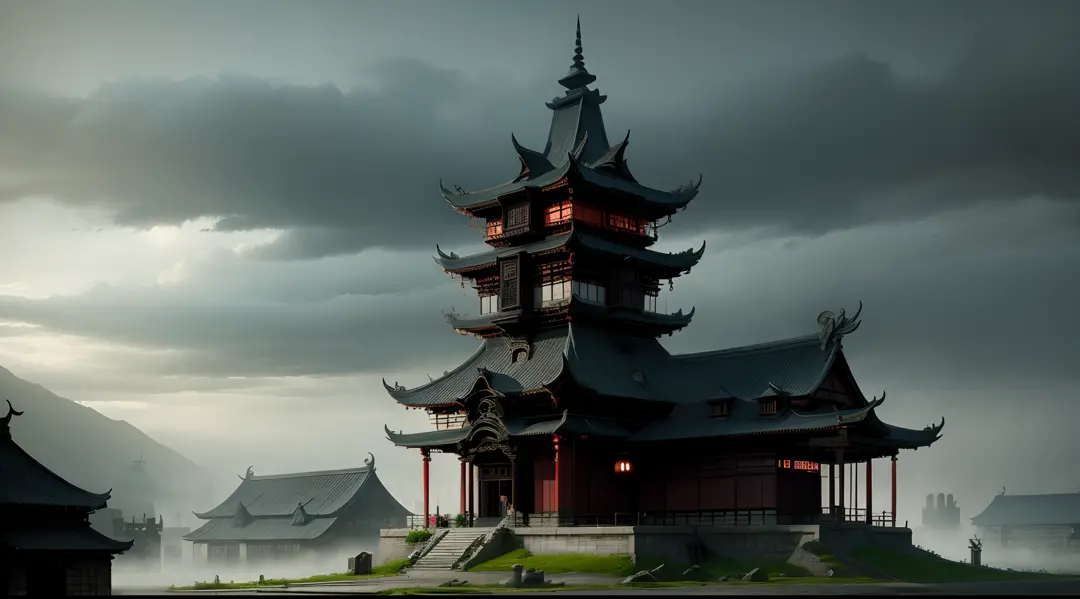 medieval, chinese building, dark. gloomy, dark clouds, dense mist