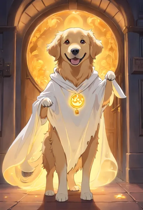 golden retriever wearing a ghost costume, cartoon - SeaArt AI