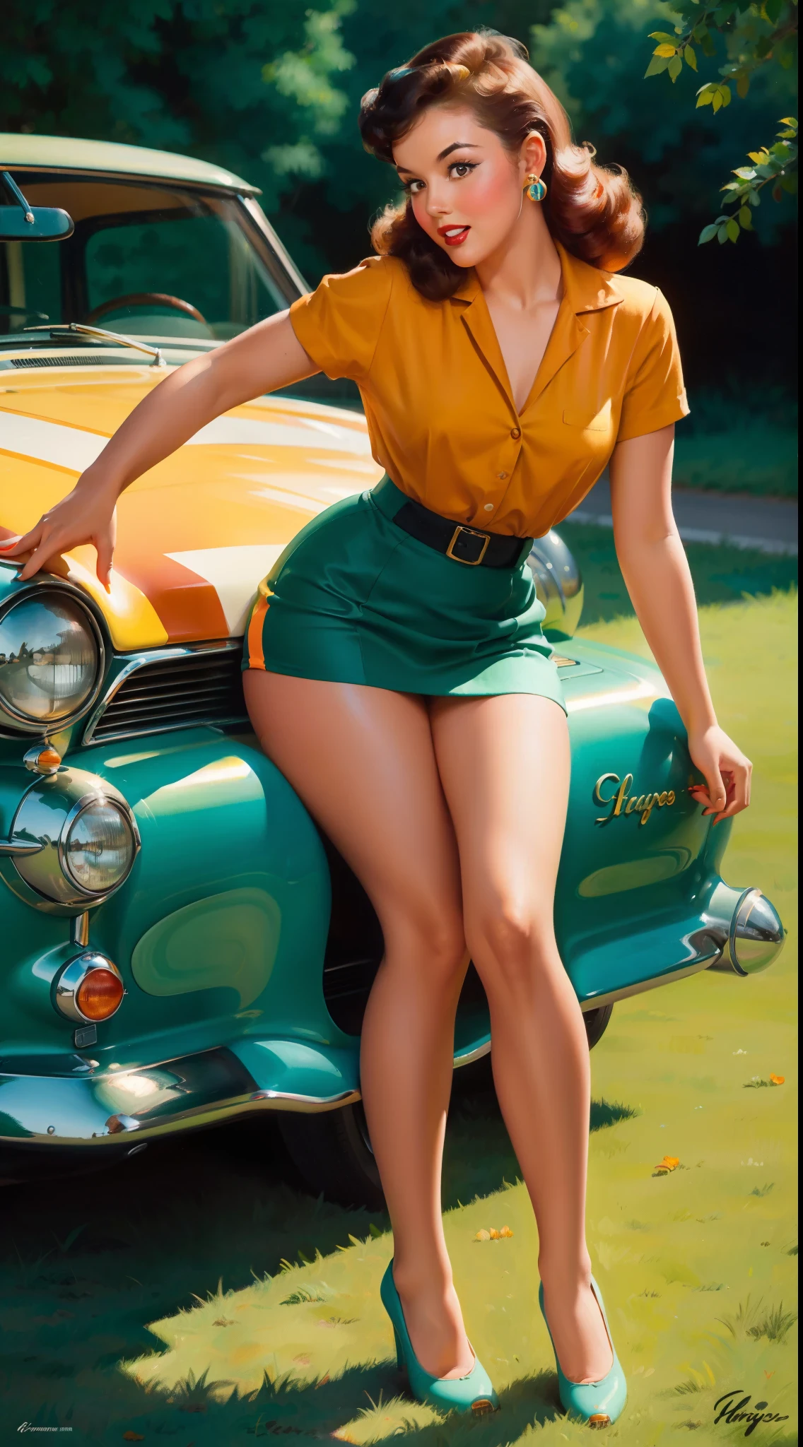20 Jahre altes Mädchen sitzt auf der Bodenplane, vor einem Retro-Auto, Jahrgang, Retro-Pin-Up-Stil, sexy, Detailliert alles, überrascht, enger Minirock, fließender Rock, Bunt , Farbschema in Orange und Blaugrün, Meisterwerke Kunstwerk, illustriert,