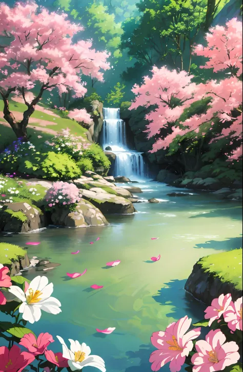 vibrant colors, soft lighting, ethereal atmosphere, oil painting, dreamy scenery, flowing river, blooming flowers, lush greenery...