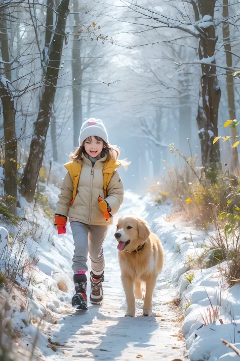 8-year-old girl, Clear facial features, Happy and a golden retriever, Walk on mountain trails, There was snow on the road.