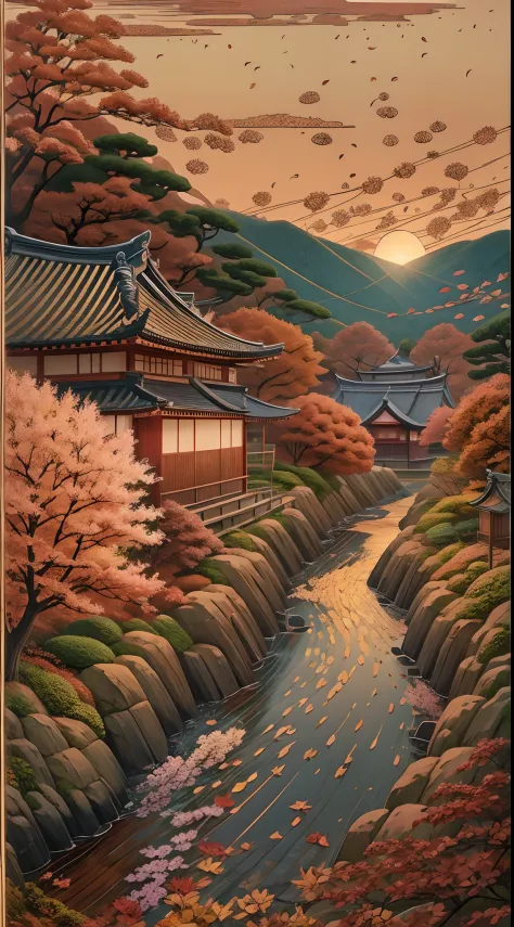 Autumn portrayal of Kawase Hasui in oil painting, Peaceful Japanese countryside. Medium displays textured layers; The environment includes fallen leaves and wooden houses; The lights are pink sunsets; The colors are red and gold; The mood is festive; The c...