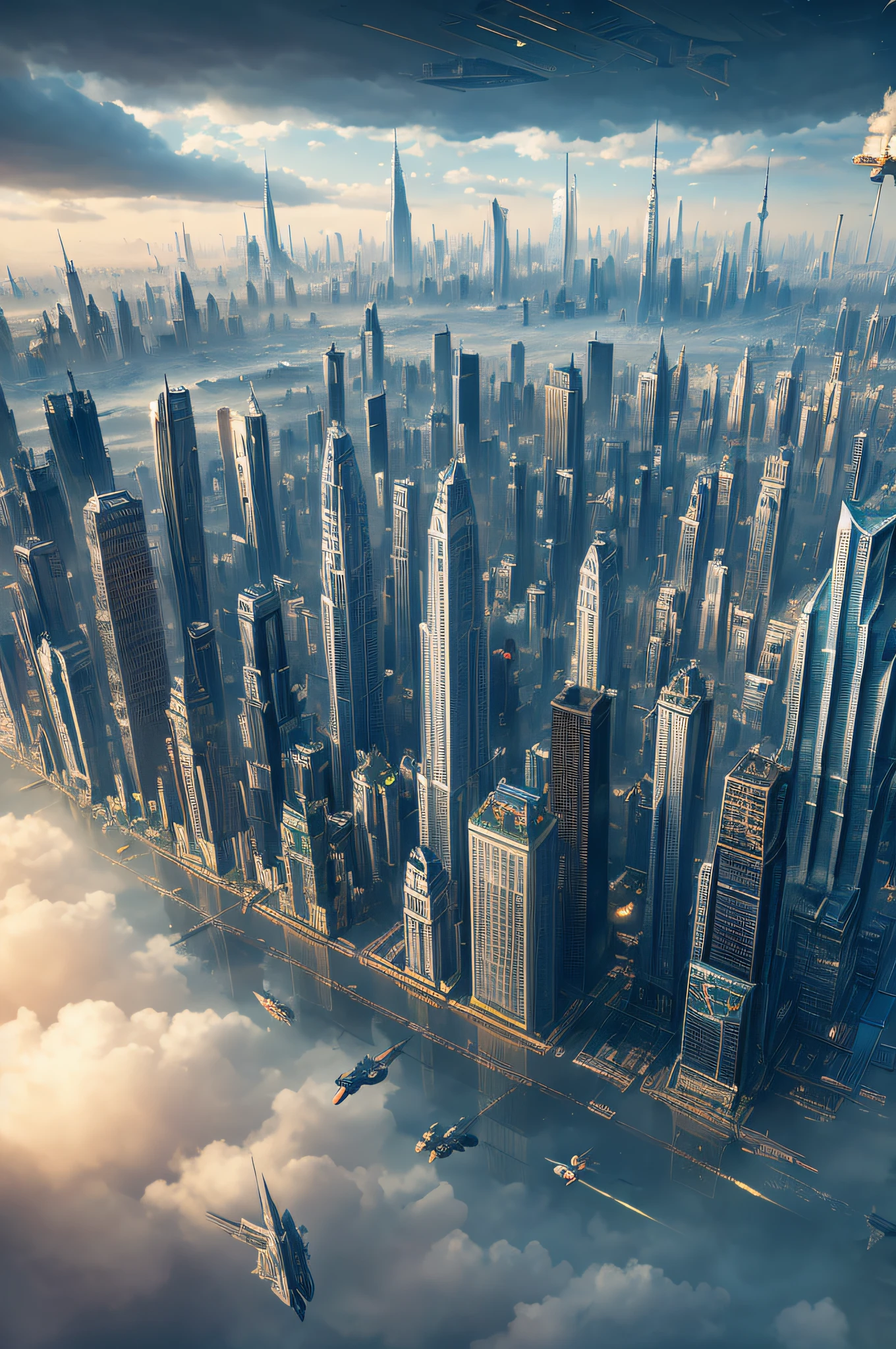 "漂浮的城市": 云端上的新世纪大都市, 摩天大楼, 错综复杂的桥梁, 以及在建筑物之间滑行的飞艇, 超现实主义, 彩色实地印刷, 高细节, 超高清, 8千, 解剖学上正确, 电影灯光 4D 品质