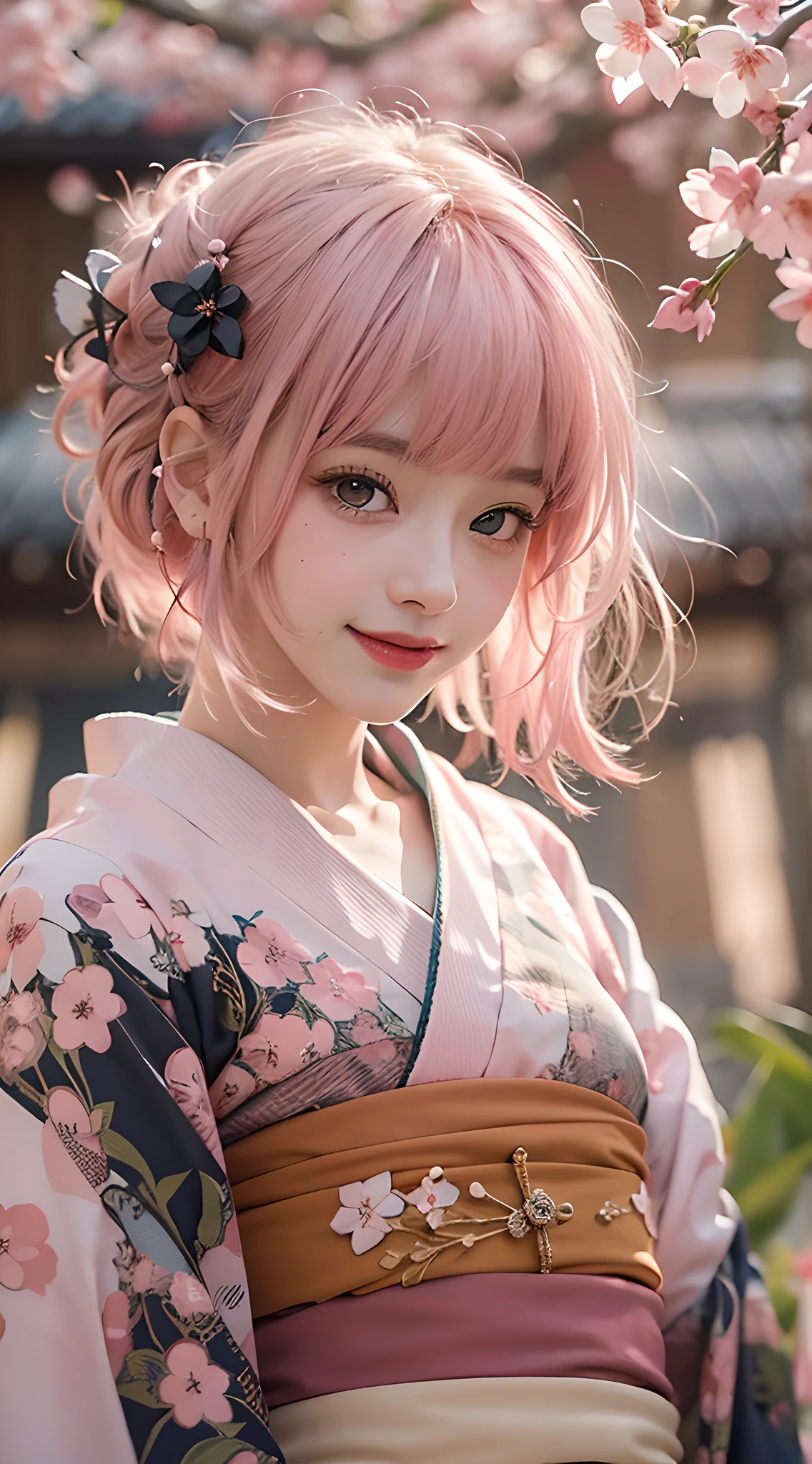 beste Qualität, Meisterwerk, ultrahohe Auflösung, Roh, 8k, ultra-realistisch, junges Mädchen, schulterfrei, lächeln, natürliches Licht, detaillierte Haut, (zartrosa Haare:1.4), roter Lippenstift, (Bangs:1.2), ((Sakura-Hintergrund)), Außergewöhnlich schöne Augen, Kimono tragen_Kleidung, schwarzer Kimono