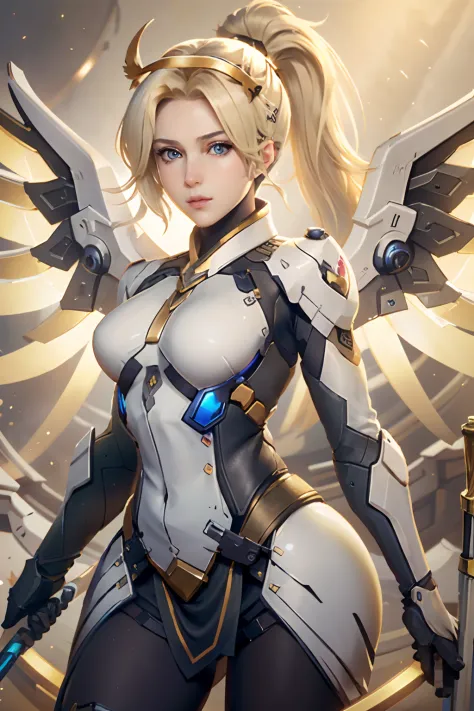 mercyover, 1girl, mercy (overwatch), mechanical wings, mechanical halo, solo, blonde hair, wings, blue eyes, halo, staff, yellow...