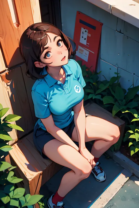 milf in a blue polo and brown hiking shorts, on her knees, short wavy hair, large_breasts, red face, looking up, seen from above