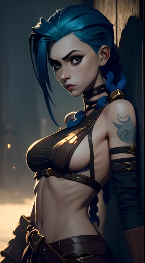 Jinx's character design, lying naked, lying on his back, bare breast, covers the chest with his hands, sexypose, Beautiful figure, Arcane's Jinx, Bright blue and purple sparks all around, glowing eyes, Pink glowing eyes, hairlong, hairsh, braided into long...