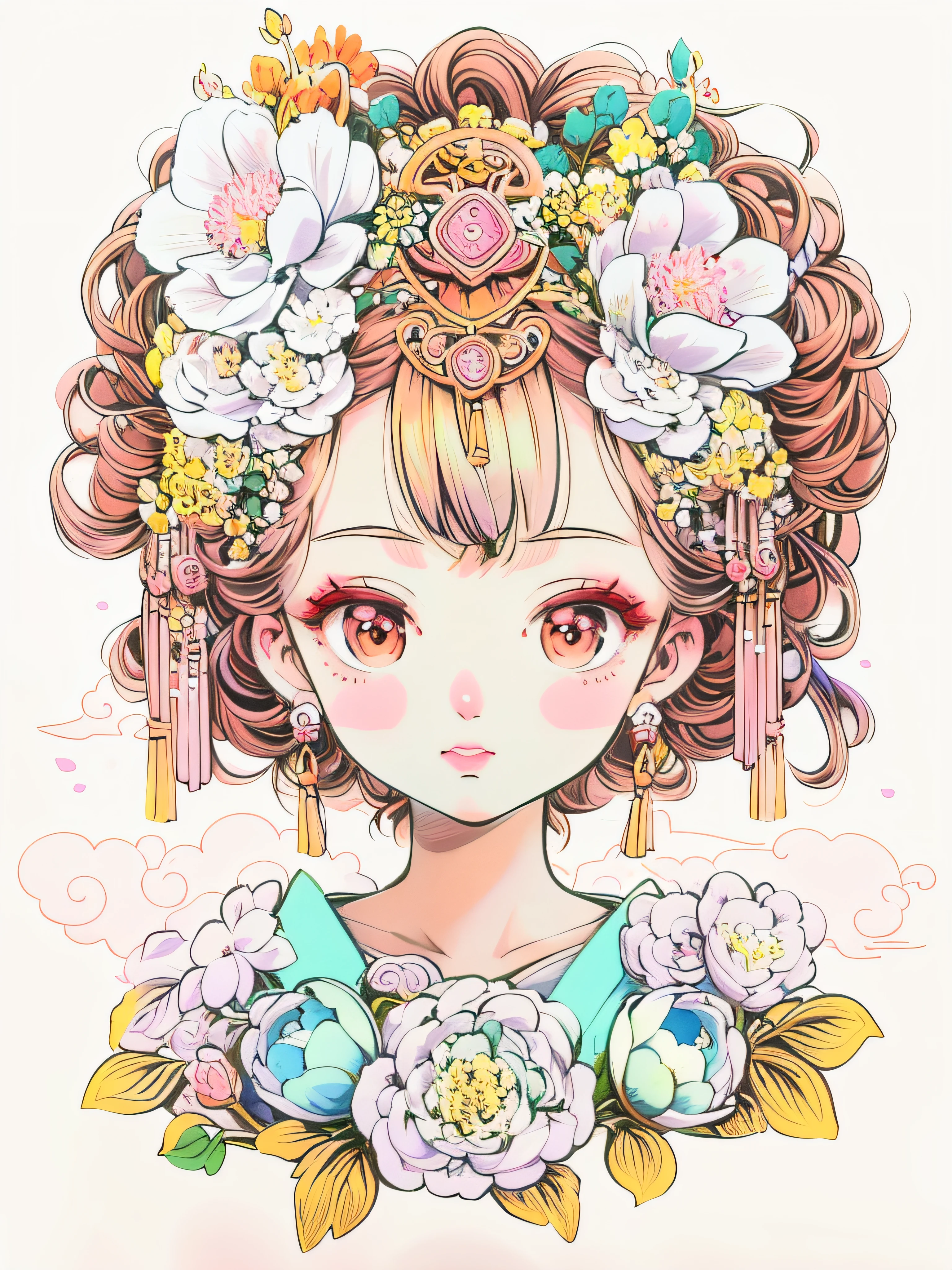 Una pintura de una niña con flores en el pelo, Arte extremadamente fino, estilo manga detallado, retrato detallado de una chica anime, Hermoso arte lineal, Estilo de cómics en color, dibujo manga intrincado, estilo cómico, Arte lineal detallado, ilustración manga, ilustración oficial, dibujo estilo anime, retrato de linda chica anime