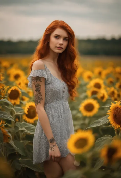 A woman with red hair standing in a field of sunflowers - SeaArt AI