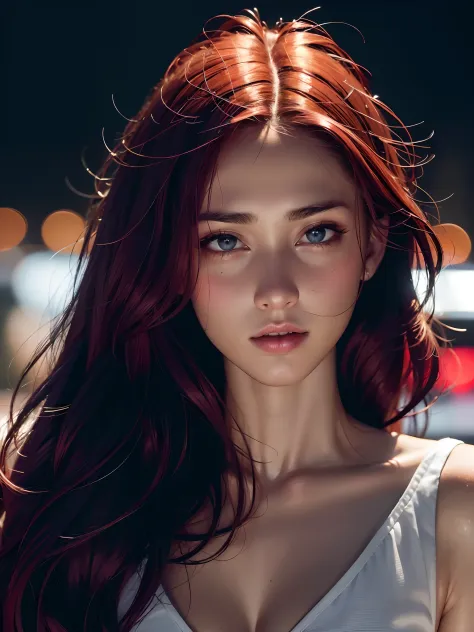 (high-res, 8K, masterpiece:1.2), ultra-detailed, realistic:1.37, a girl with long red hair and gray eyes, looking at the viewer, vibrant colors, soft lighting, dark background, beautiful detailed lips