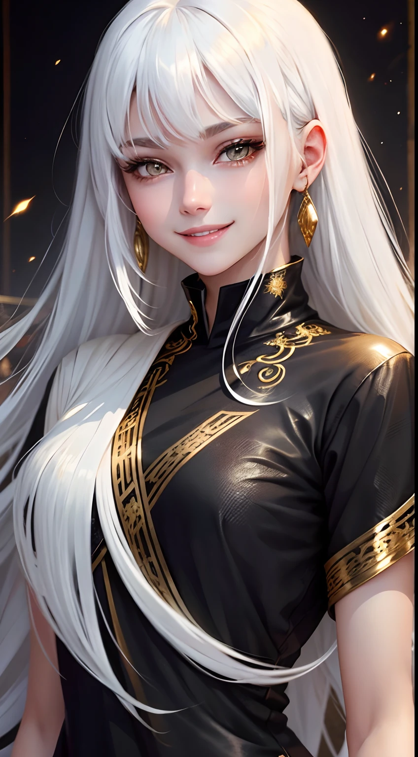 best quality, white hair, gold eyes, black clothes, hair strand - SeaArt AI