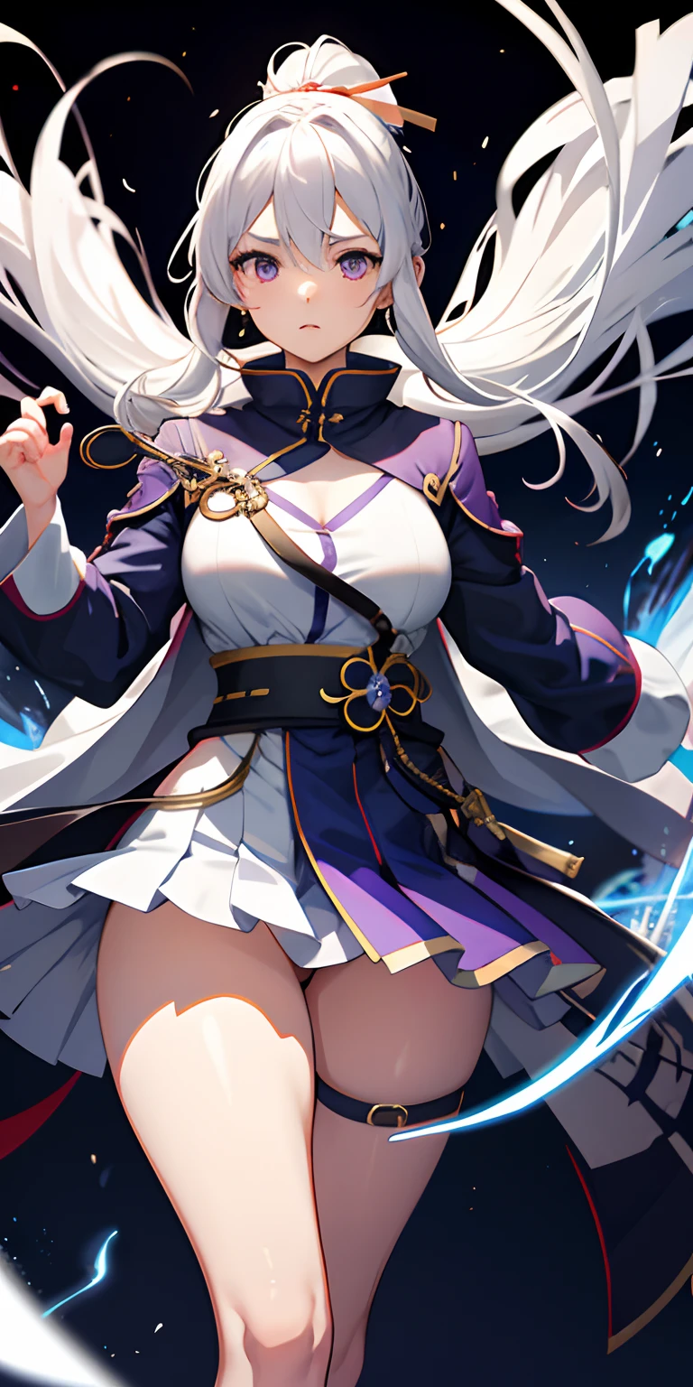 1girl in, komono, Ponytail ,White hair, Purple eyes, Magic Circle, blue fire, blue flames, Wallpaper, landscape, Blood, blood splashing, depth of fields, Night, light Particle, llight rays, side lights, thighs thighs thighs thighs, Fate \(Series\), GenshinImpact, ****, Open jacket, Skirt, thighs thighs thighs thighs, cloud,underpants,embarassed face