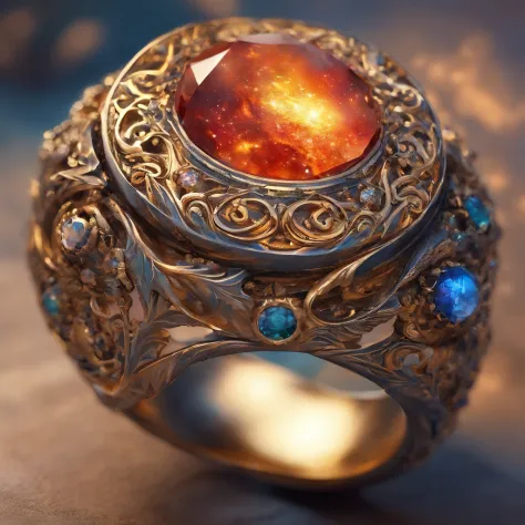 A metal ring, forged from the heart of a dying star, glows with an ethereal, otherworldly radiance. Its surface shimmers with a deep, cosmic blue, as if holding the secrets of the universe within. Swirling patterns of stardust dance across its smooth, poli...