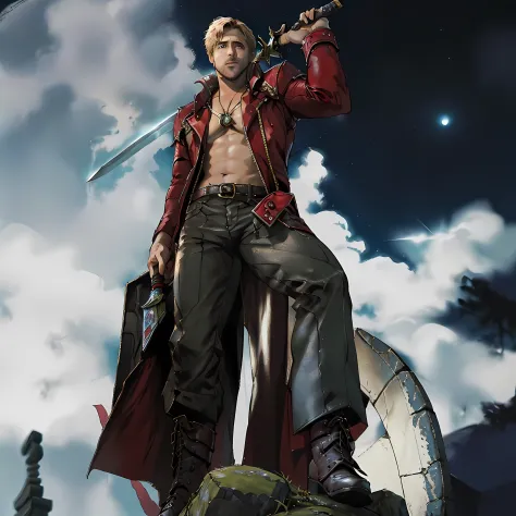 (Masterpiece:1.2, high quality) , Ryan Gosling with a sword standing on a rock, gosling face, son of sparda, dante from devil may cry, fan art, Ryan Gosling mixed with dante, background night, sky, big moon, 8k, high detail
