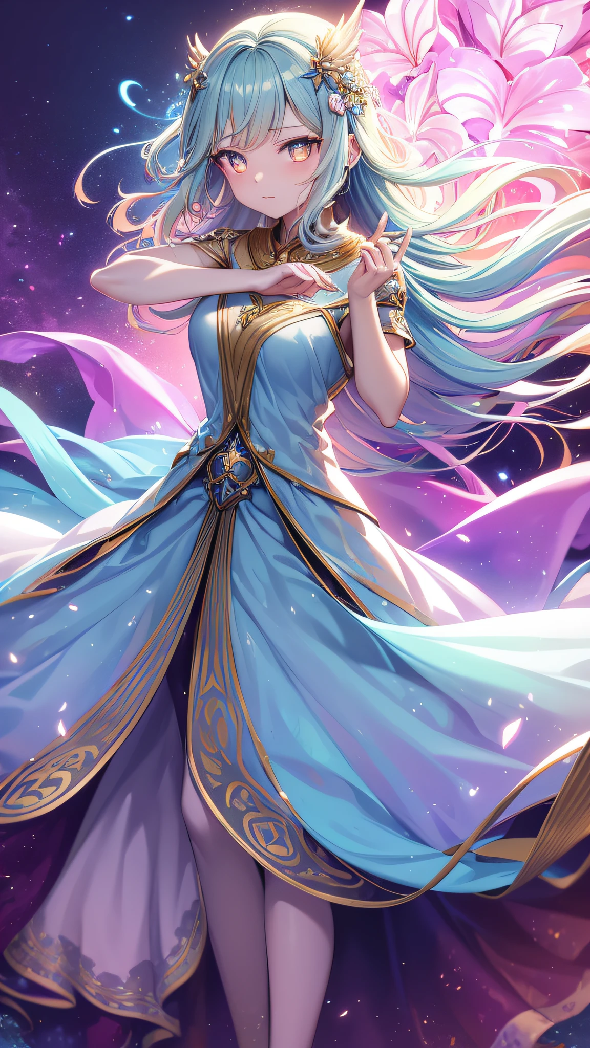 (best quality, highres), glowing eyes, delicate facial features, vibrant colors, dreamy atmosphere, fantasy theme, floral background, enchanting pose, graceful movements, detailed clothing, flowing dress, elegant fashion, magical lighting, mystical aura, ethereal beauty, wisps of magic, whimsical elements,