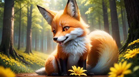 face view of a adorable fox sitting on Forest, Close-up, back the Lens, Pixar Movie Style, best quality, Cinematic Movie Still, very cute, big eyes, bright eyes, birds and yellow flowers around, yellow flowers outside , opening your mouth, pretty eyes