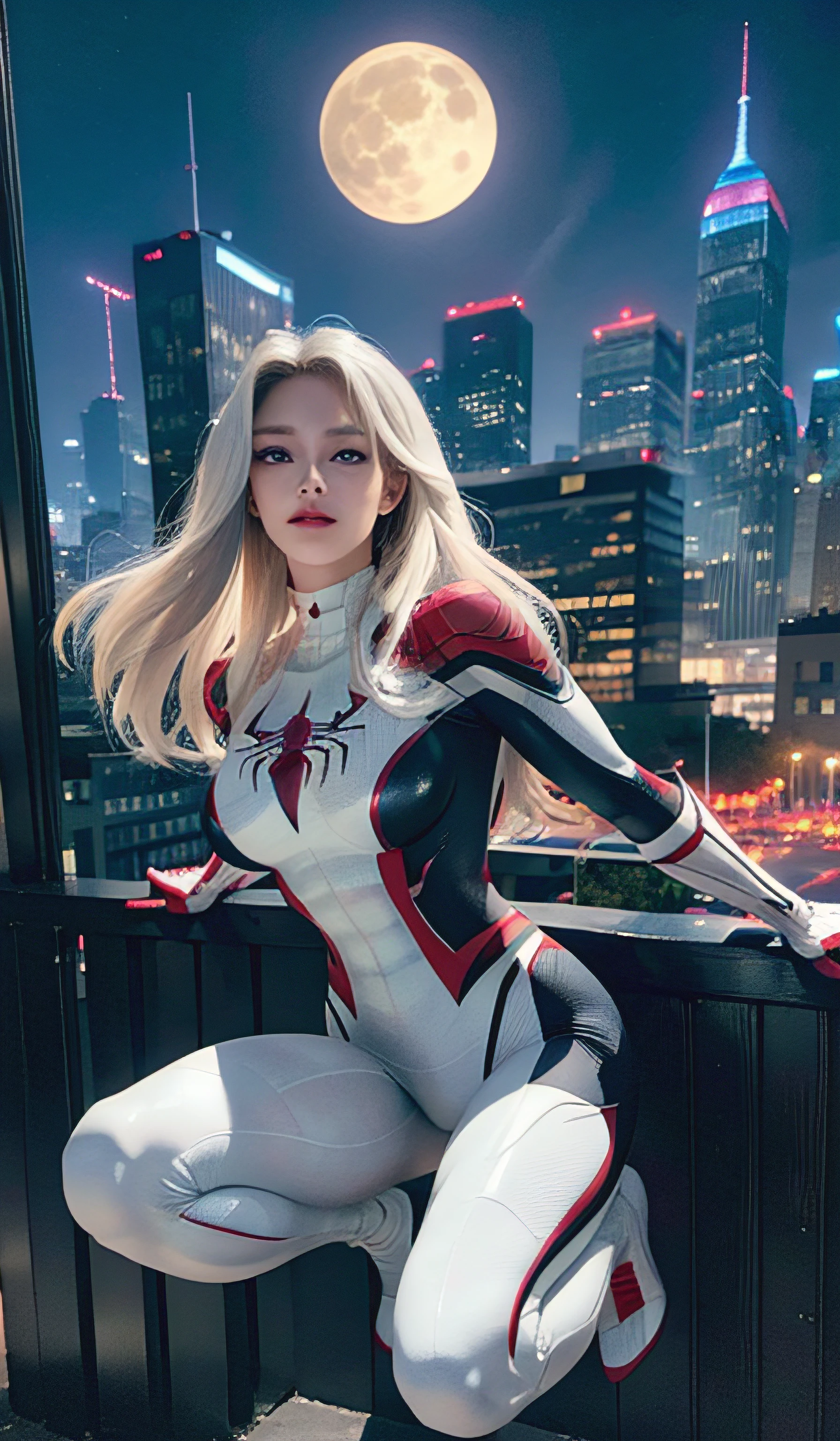 (Masterpiece, 4k resolution, ultra-realistic, very detailed), (White superhero theme, charismatic, there's a girl on top of town, wearing Spider-Man costume, she's a superhero), [ ((25 years), (long white hair:1.2), full body, (blue eyes:1.2), ((Spider-Man pose),show of strength, jumping from one building to another), ((sandy urban environment):0.8)| (cityscape, at night, dynamic lights), (full moon))] # Explanation: The Prompt mainly describes a 4K painting of ultra-high definition, very realistic, very detailed. It shows a superheroine at the top of the city, wearing a Spider-Man costume. The theme in the painting is a white superhero theme, the female protagonist has long white hair, is 25 years old and her entire body is shown in the painting. In terms of portraying the actions of superheroines, spiders are employed