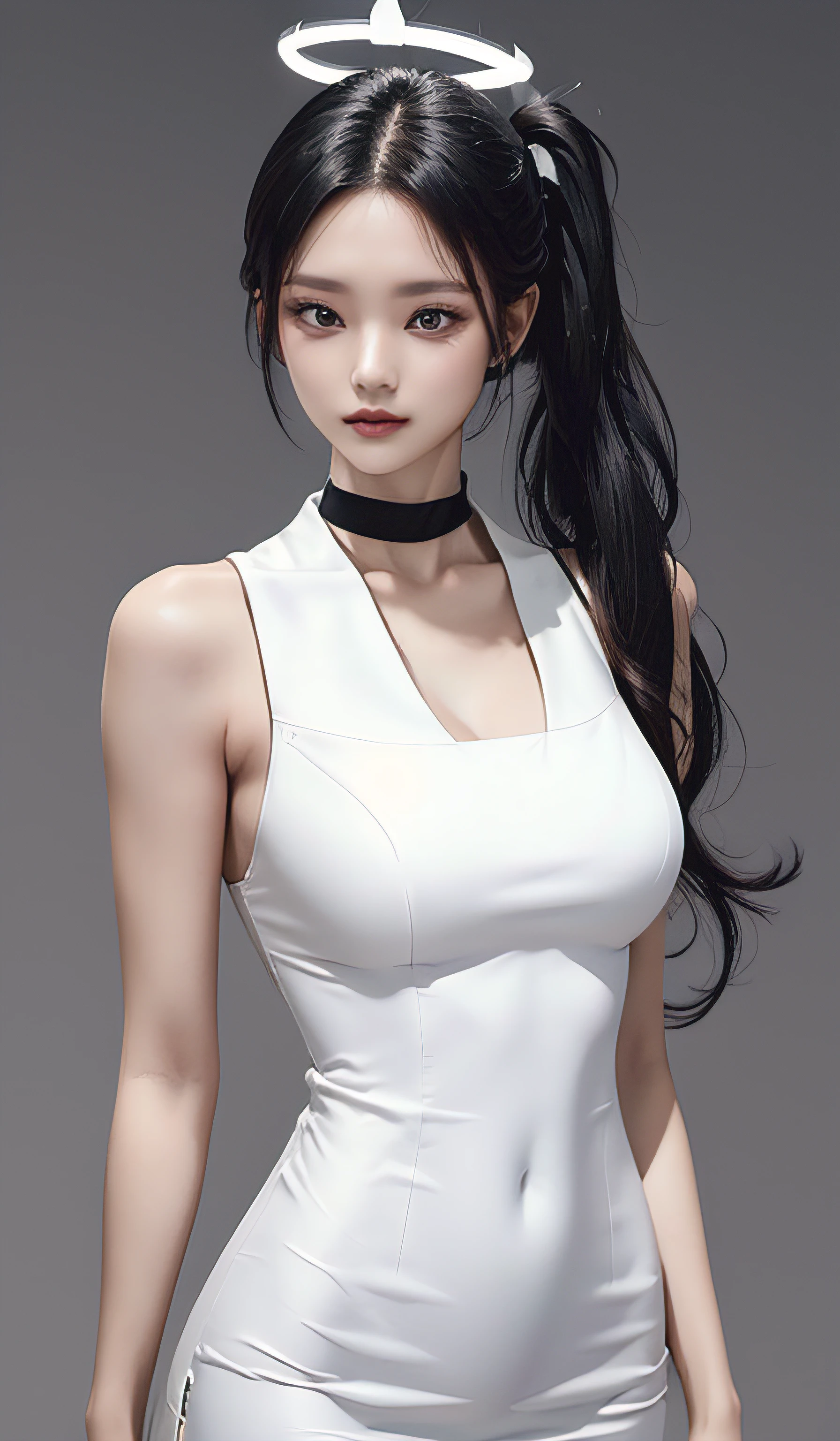 Cowboy shot, (Black wings:1.2), Very long hair, Side ponytail, choker necklace, Holding, cropped shoulders, (White dress:1.3), White jacket,Halo,