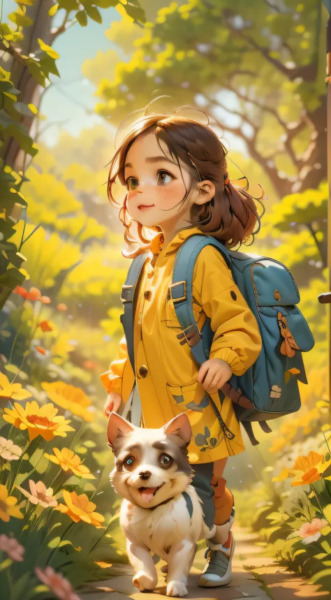 A very charming little girl with a backpack and her cute little dog enjoying a lovely spring outing surrounded by beautiful yell...