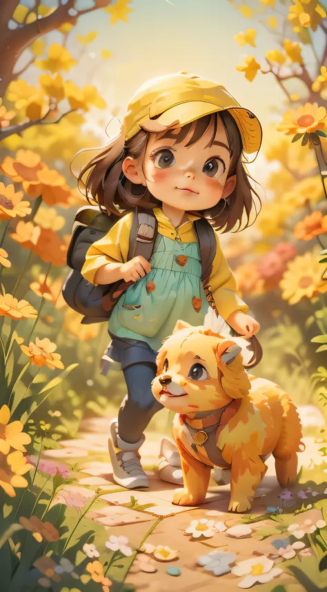 A very charming little girl with a backpack and her cute little dog enjoying a lovely spring outing surrounded by beautiful yell...