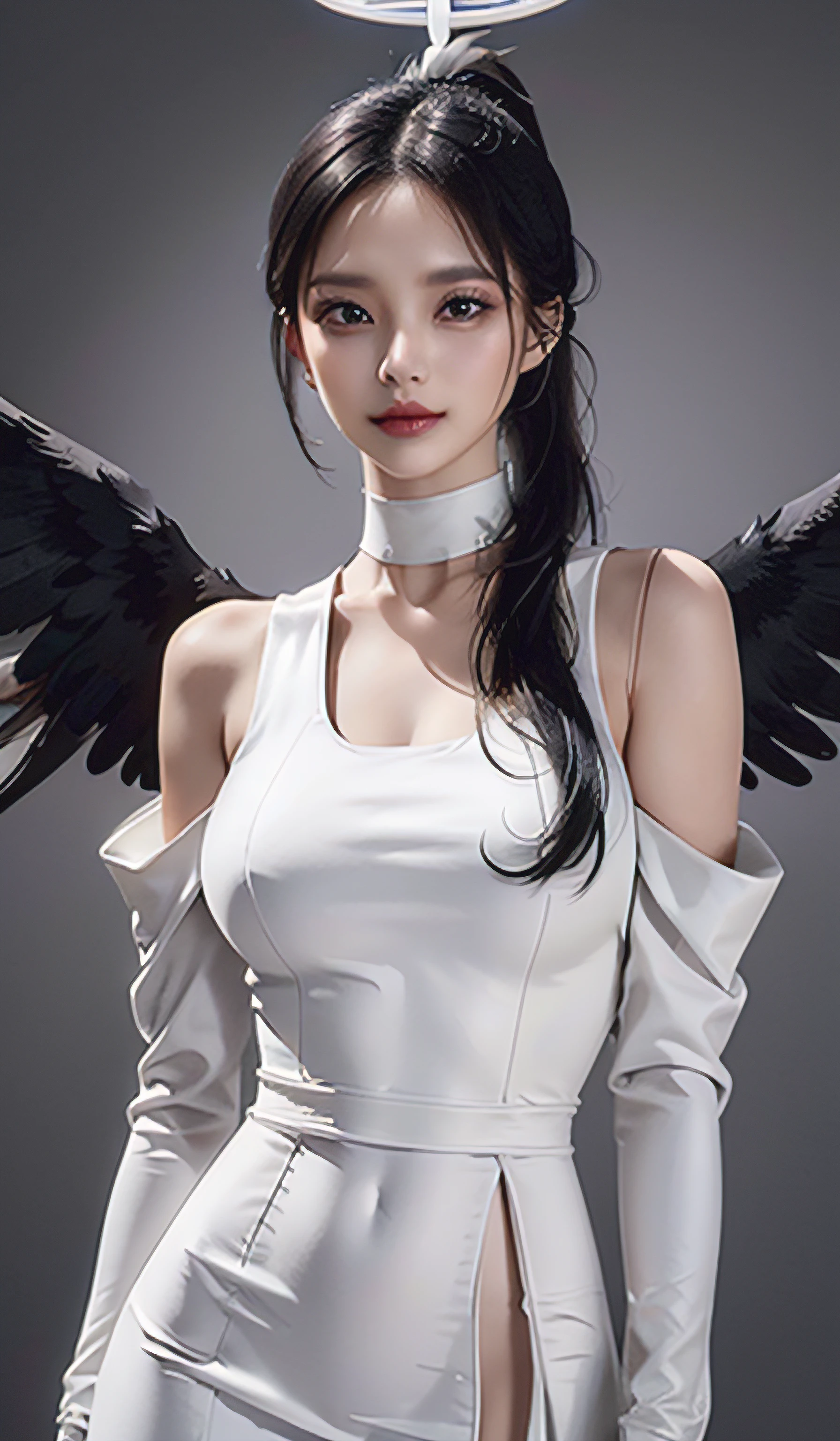 Cowboy shot, (Black wings:1.2), Very long hair, Side ponytail, choker necklace, Holding, cropped shoulders, (White dress:1.3), White jacket,Halo,