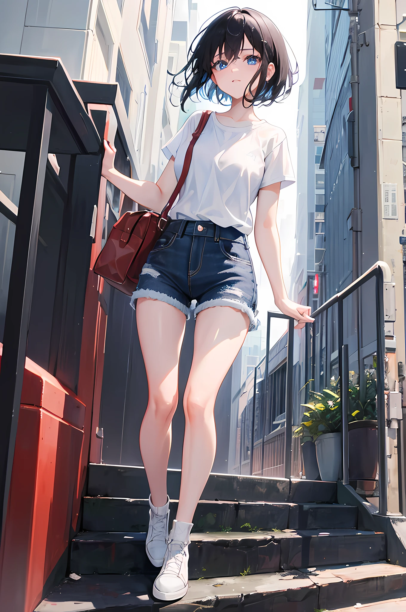 1girl, short black hair, blue eyes, wearing white shirt, Denim shorts , city, absurdres, high res, ultrasharp, 8k, masterpiece, looking at viewer