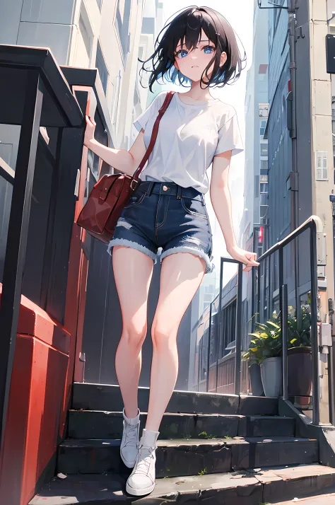 1girl, short black hair, blue eyes, wearing white shirt, denim shorts , city, absurdres, high res, ultrasharp, 8k, masterpiece, ...