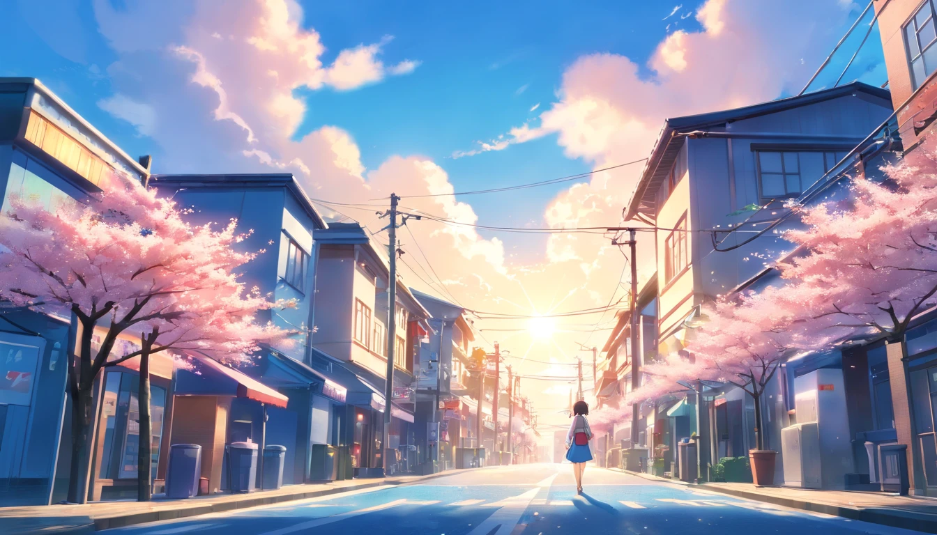 (Masterpiece:1.4), Best Quality, 4K, (Blue sky:1.4), (Japan Street), Blue Filter, Sun Glare, Cloud, Summer Seasons, cherry blossoms particles, depth of field, small city with electric pole