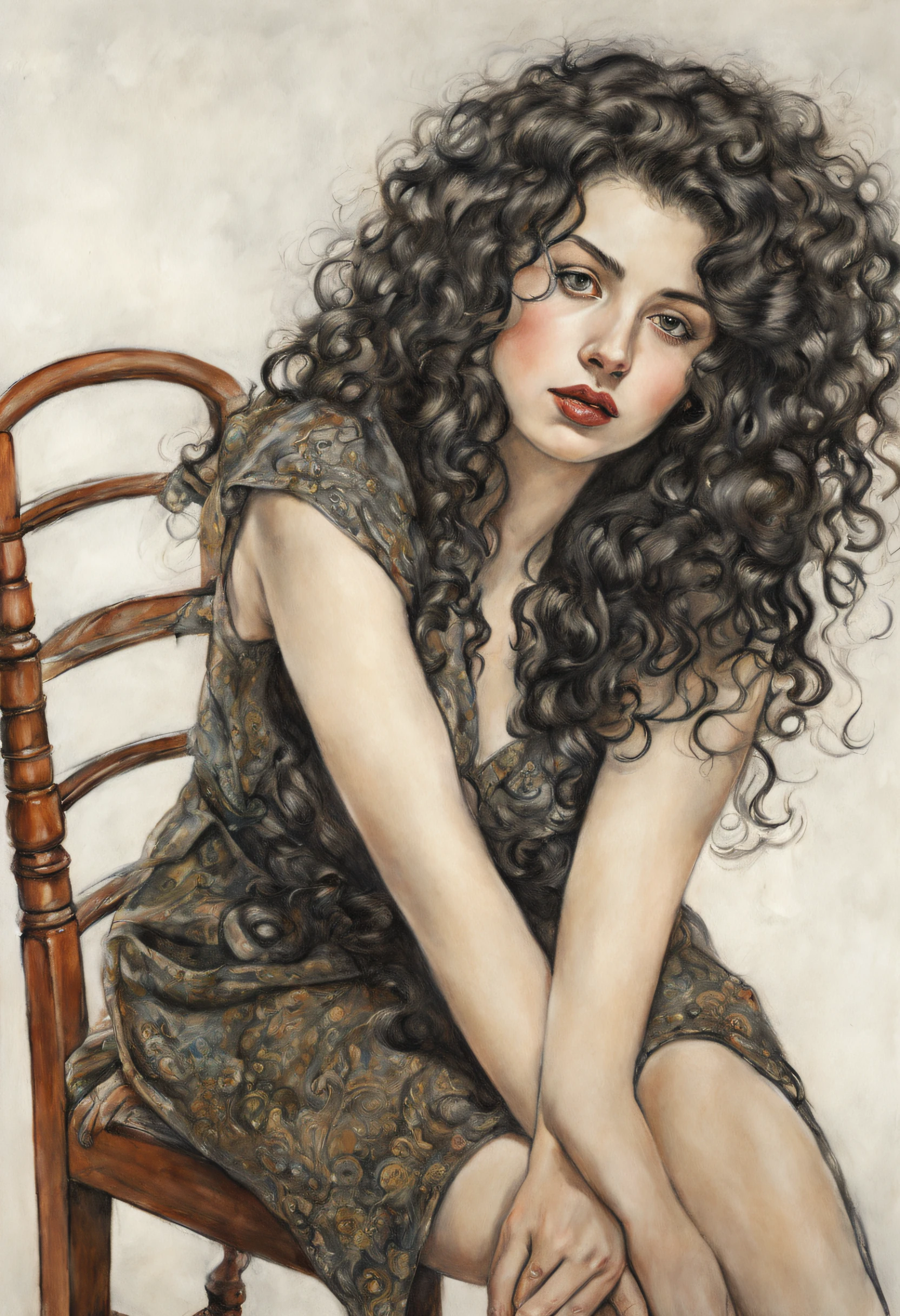 Attractive araB 30 years old woman with pale skin she is sitting on an old chair and naked from the wait up, she has long Black curly hair, Petite silhouette, Hanches larges, Nez proéminent, lèvres charnues, she has just Been slapped around, By Egon Schiele, Gustave Doré, David homme, photographie d&#39;époque, Beautiful, style rétro vintage, Photographie HD, Hyperréalisme, Dessin au crayon graphite, Réaliste, naturel, B&illustration, beaux-arts, Beautiful watercolor painting, Réaliste, détaillé, painting By olga shvartsur, Svetlana Novikova, beaux-arts, aquarelle douce et détails au réalisme exceptionnel,