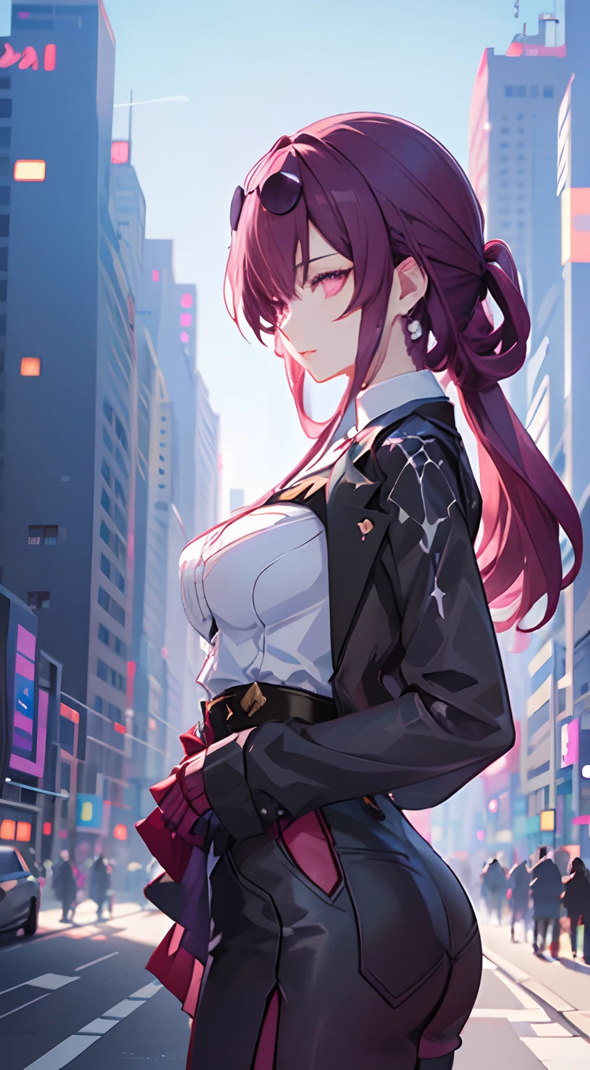 (anime style, night, cityscape), (best quality, highres), detailed eyes, detailed lips, long hair, confident expression, beautiful background lights, colorful neon signs, tall buildings, bustling crowd, streetcars passing by, dark shadows, mysterious atmosphere,Purple hair, purple eyes.