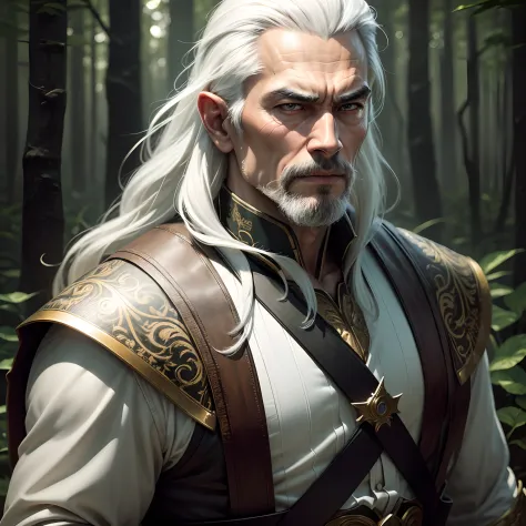 The wallpaper is a forest, a man named Phong, Best quality, masterpiece, swordsman, ultra high resolution, detailed background, realistic, hadesstyle, solo, male, mature, bara, mature male, long white hair, facial hair, (theme), dark fantasy, evil, depth o...
