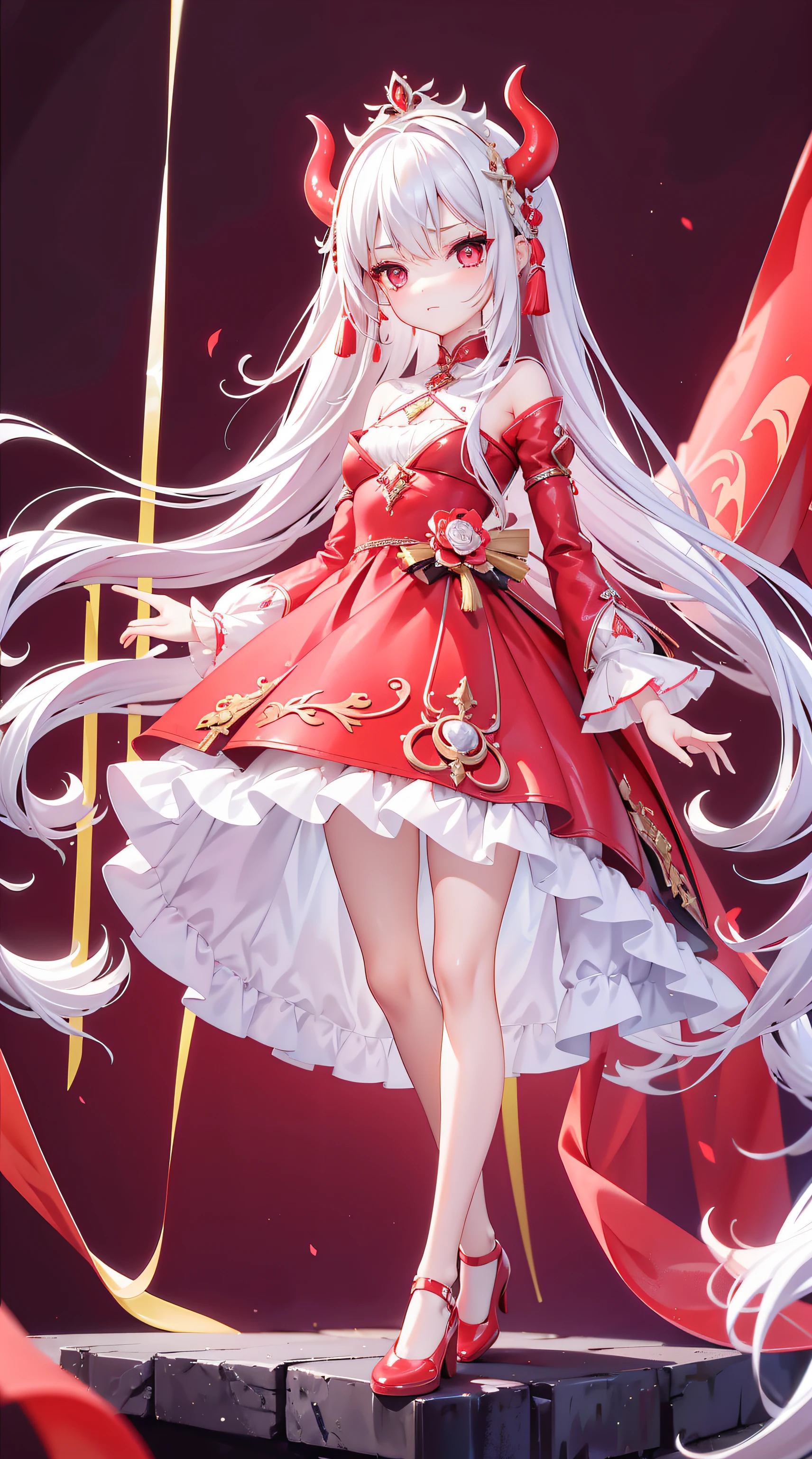 A beautiful and charismatic loli character，Her appearance is very eye-catching。Has long silky hair，And a pair of big bright eyes，Her face is delicate，It gives a gentle and elegant feeling。Additionally，Hellfire background，Fire red dress，thedemongirl，Hellfire，Dark style，Small leather shoes，The design of this dress is very beautiful，Also suitable for her figure。