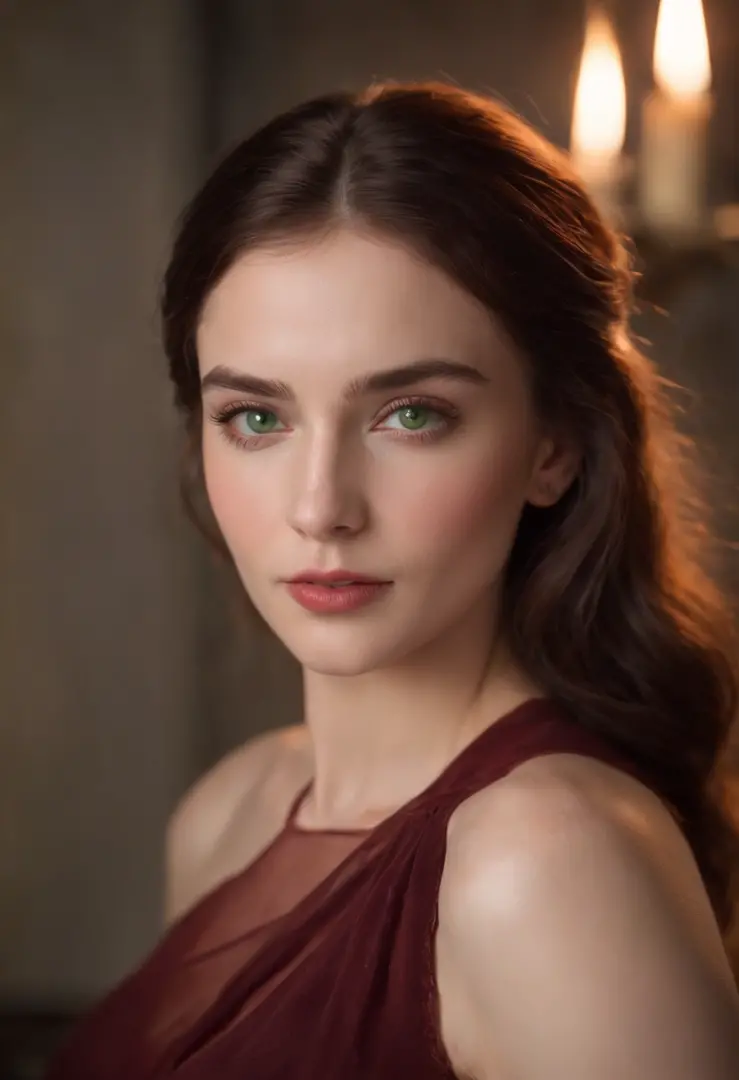 (((A deep reddish scar runs across her left cheek))) light skinned, Women around 19 years old, Natural gray hair, Distinctive green eyes, Wearing Cole, slender and graceful,, Beautiful, Candlelight in medieval atmosphere, Ultra Sharp Focus, realistic shot,...